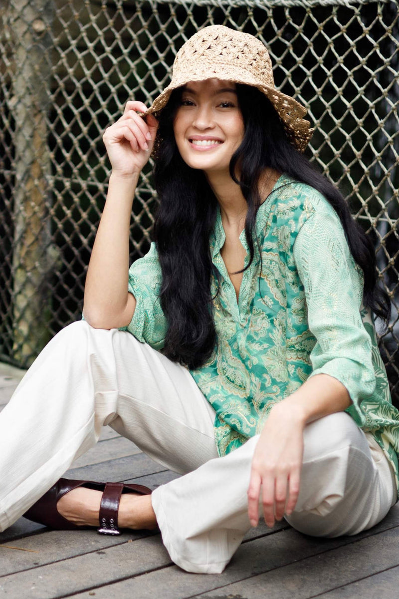Black Colour  Luna flared sleeve blouse floral mix green