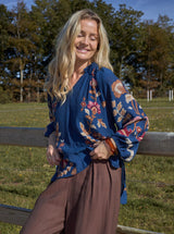 Black Colour  Marigold blouse blue flower