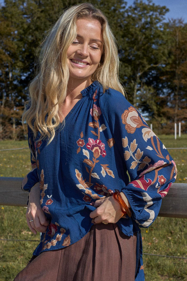 Black Colour  Marigold blouse blue flower