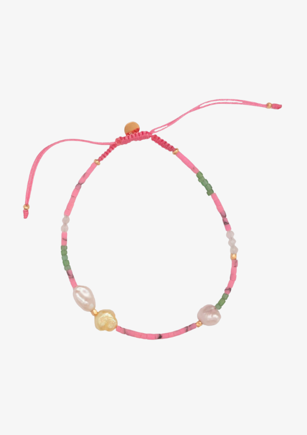STINE A DEEP SEA ARMBÅND WITH FRESH PINK & DUSTY GREEN STONES AND PINK RIBBON